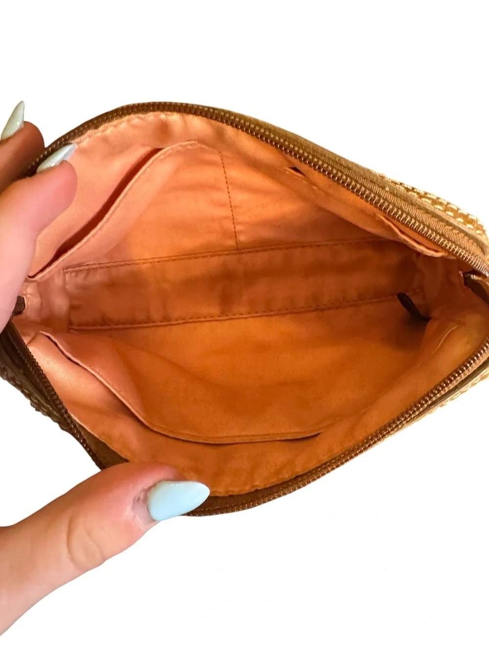 Coach Signature Jacquard Cosmetic Bag Pouch Tan Brown 4.5 x 7